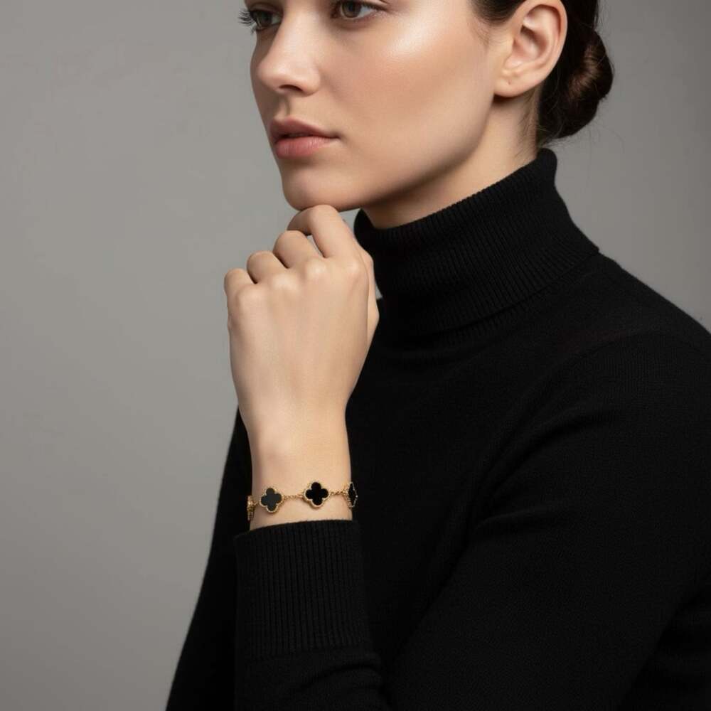18K Gold Plated Black Onyx Lucky Four Leaf Clover Bracelet